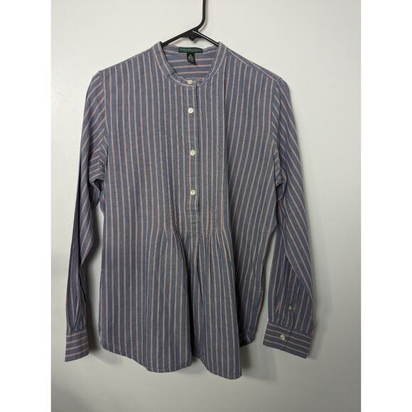 Lauren Ralph Lauren Size M Front Pleats 3/4 Button Up Band Collar Blue S… - Picture 1 of 9